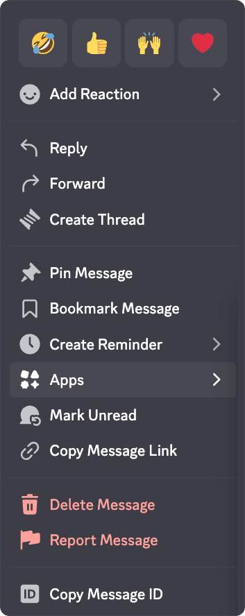 Discord's message menu with Apps highlighted