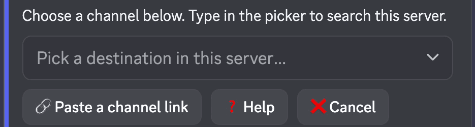 Pippin's destination picker with Paste a channel link, Help, and Cancel