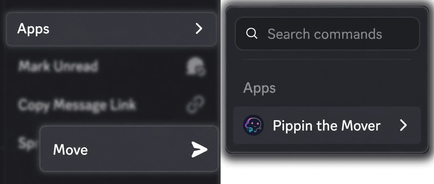 Discord's Apps context menu with Pippin's Move command highlighted