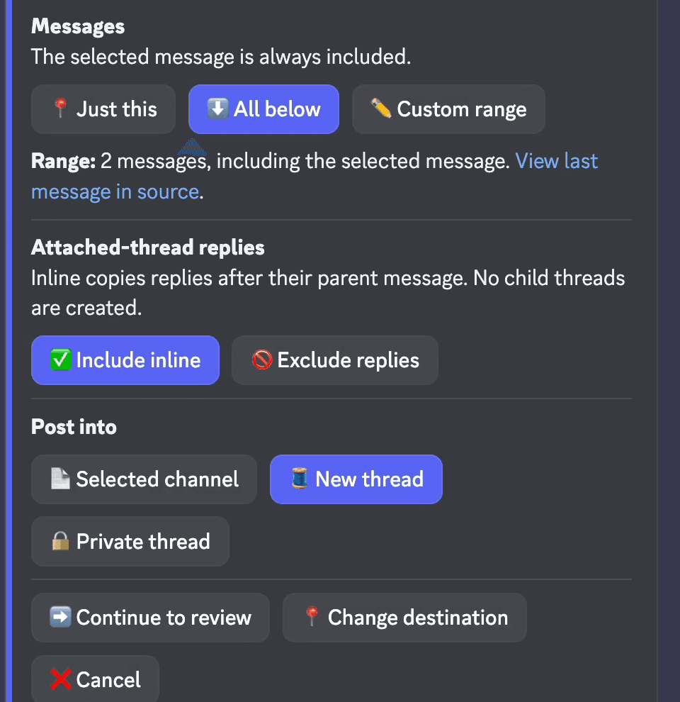 Pippin's Move settings with All below, Include inline, and New thread selected