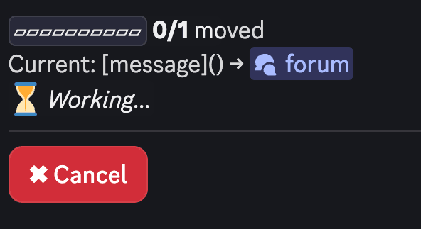 Pippin's move progress bar showing a message moving to a forum