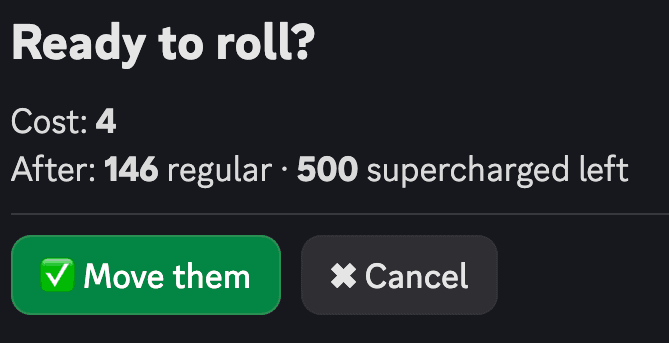 Pippin's 'Ready to roll?' confirmation showing move cost and remaining moves