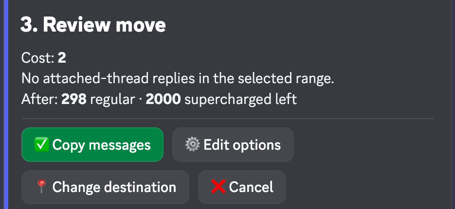 Pippin's Review move step showing the cost, remaining moves, and Copy messages