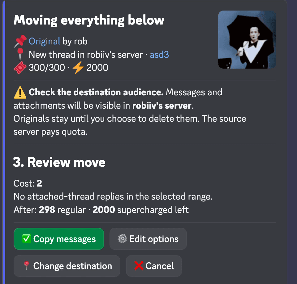Pippin's Review move step with the destination audience warning, cost, and Copy messages button