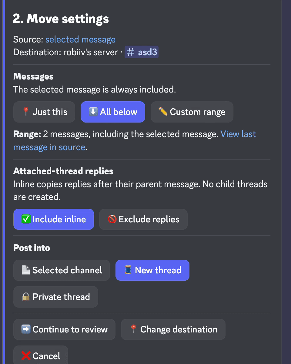 Pippin's Move settings with All below, Include inline, and New thread selected