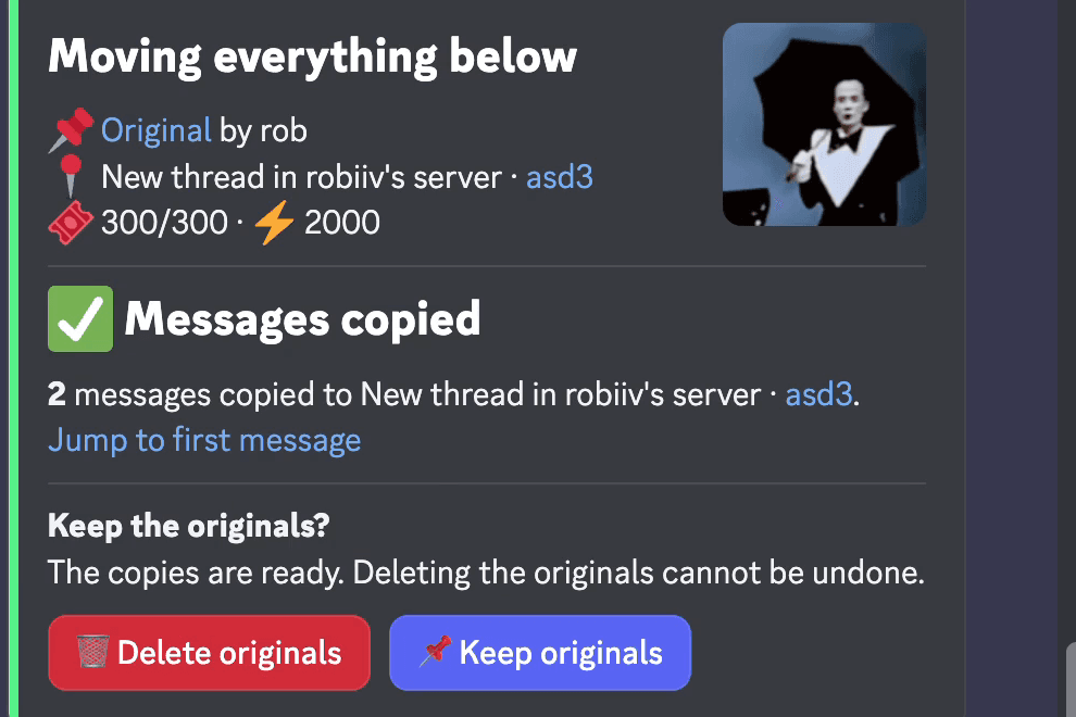 Pippin's Messages copied result asking whether to keep the originals