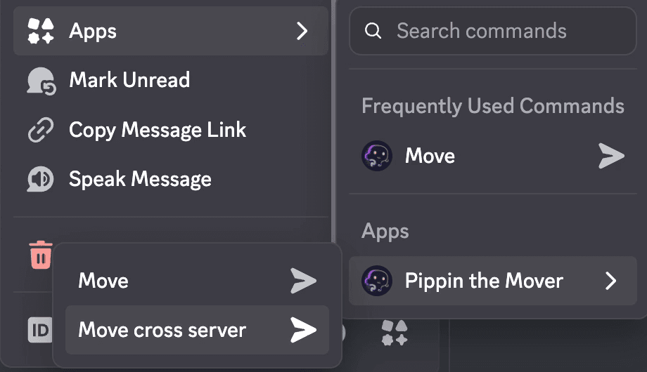Discord's message menu with Pippin's Move cross server command highlighted